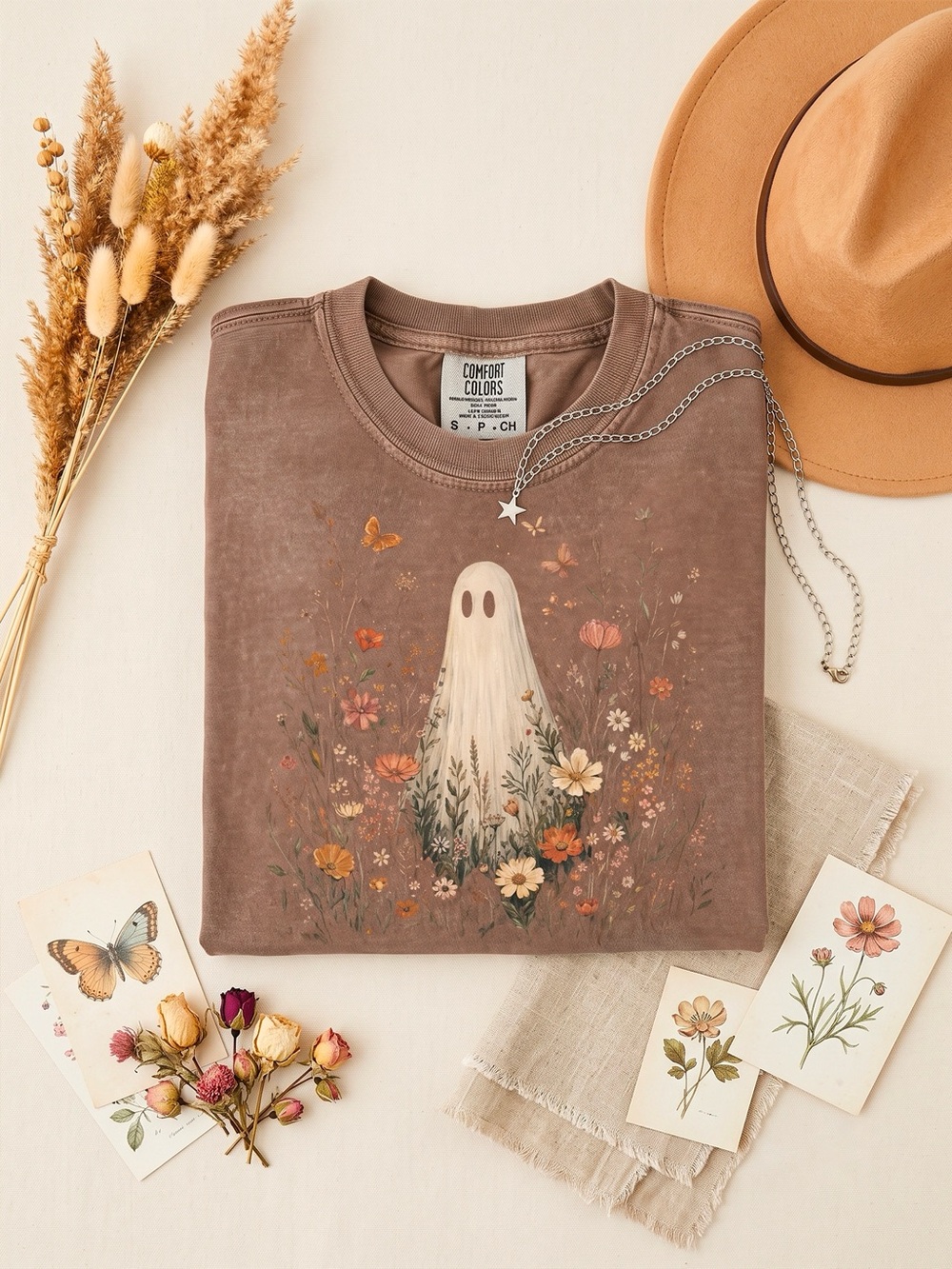 Spooky Floral Ghost Botanical Brown Comfort Colors T-Shirt